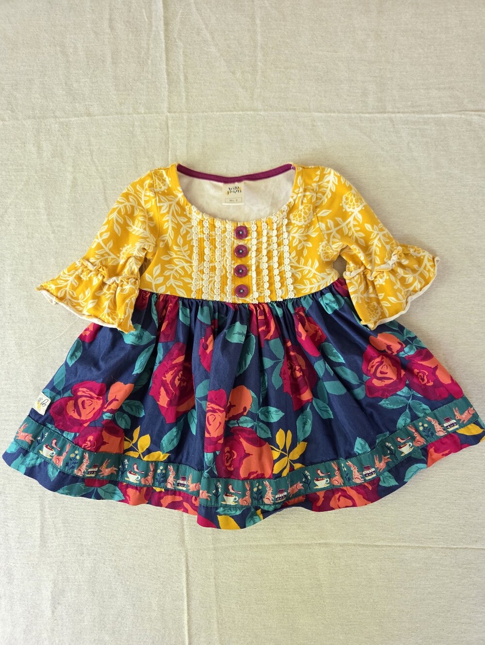 Wild Flowers Yellow Floral Girls' Dress/tunic 2t Toddler Baby Bunny Teacup Birds